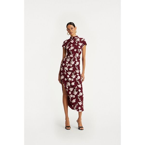 ROTATE Mesh Asymmetric Dress Zinfandel Comb